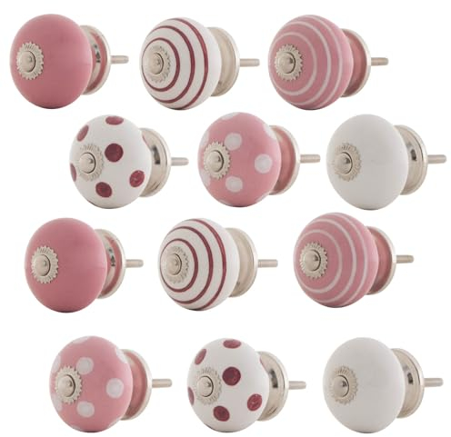 The Boho Street 12 X Stück Rosa Weiß Hochwertige Keramik Türgriffe| verzinkt rostfrei | verschiedene Keramikknöpfe | Schranktürknöpfe | Schubladengriffe Montur | M3 Gewinde | Metrisch