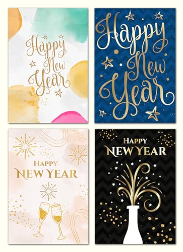 Giftinghouse Cartes de bonne année 2026 - Lot de 12/24/48 - Lot de cartes de vœux en feuille d'or avec enveloppes blanches - Ensemble de cartes écologiques à l'intérieur vierge pour les amis et la