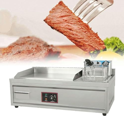 Piastra Elettrica Griglia in Acciaio Inox 5500W, Griglia Commerciale e Professionale, Temperatura Regolabile da 50 a 300°C, Grill Elettrico Professionale con Paraspruzzi e Contenitore di Raccolta-1pc