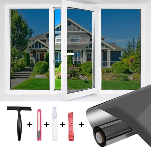 JAYONG One Way Privacy Window Film with Installation Tools, Static Cling Mirror Reflective Tint for Daytime, Heat Control UV Blocking Privacy Film for Home Office Glass Door, Black Silver, 17.5x78.7