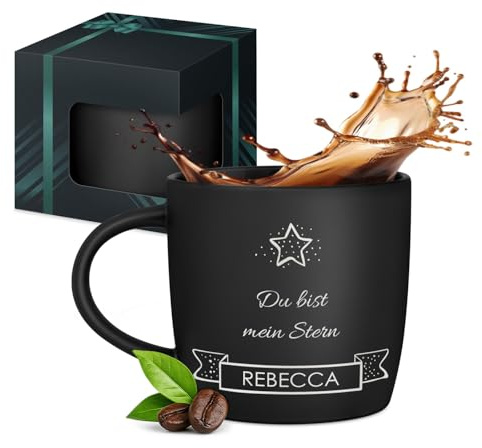 Maverton Keramik Kaffeebecher 400ml mit Gravur, schwarze Kaffeetasse | Aus Matt Keramik mit Henkel für Frauen zum Geburtstag zu Weihnachten, Trinkbecher matt schwarz, Innen schwarz, Stern