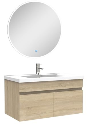 AICA Ensemble Meubles Salle de Bain Simple Vasque 80cm + Miroir Rond Lumineux Chêne Wotan