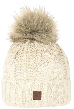 Faera Damen Beanie Bommelmütze mit Kunstfell und Thermo-Fleece Strickmütze Zopf Farbverlauf