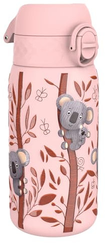 Ion8 Gourde Enfant, Inox Léger, 400ml, Non Isolé, Anti-Fuite, Facile à Ouvrir, Verrouillage Sécurisé, Lavable au Lave-Vaisselle, Poignée de Transport, Acier Inoxydable, Koalas