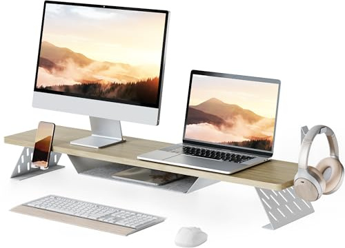 Fenge Monitorständer, 108cm, Handy/Kopfhörer-Halter, Laptop PC TV, Eiche | 2 Geräte, Bis 30kg, Separates Fach, Metallfüße, Rutschfeste Füße, Bildschirm Computer Drucker Schreibtisch Büro Zuhause