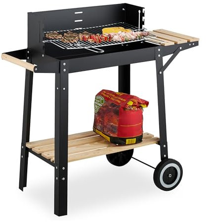 Relaxdays Barbecue Carbonella con Ruote, Griglia Regolabile con Paravento, 2 Ripiani, HLP 80,5x86x42 cm, Acciaio, Legno, Plastica