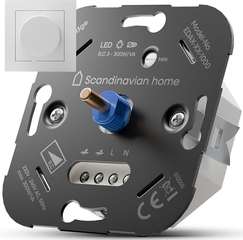 Scandinavian home Dimmer für LED Lampen 3-300W / VA - Universeller LED Dimmer Schalter mit Phasenabschnitt, Standardmaß 55 - Unterputz LED Dimmer 230V Dimmschalter Drehdimmer - Blende Weiß Glänzend
