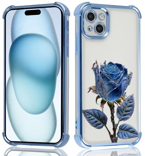 Knrlqim Custodia per Apple iPhone 15 6,1, Aesthetic Fiori Rose Blu Disegni Motivo Cover, Trasparente Blu Galvanizzazione TPU Morbido Antiurto Resistente Protettiva Case con Protezione Fotocamera