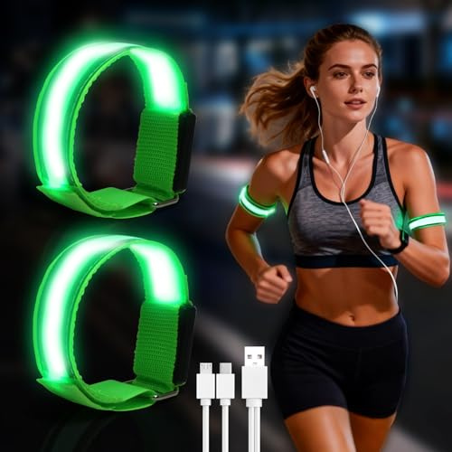 Wishstar led Armband aufladbar, 2 Stück leuchtband Grün, leucht Armband lauflicht joggen, leuchtarmband joggen zubehör, Sicherheits Licht, Reflektorband leuchtbänder arm für Radfahren, Joggen Unisex