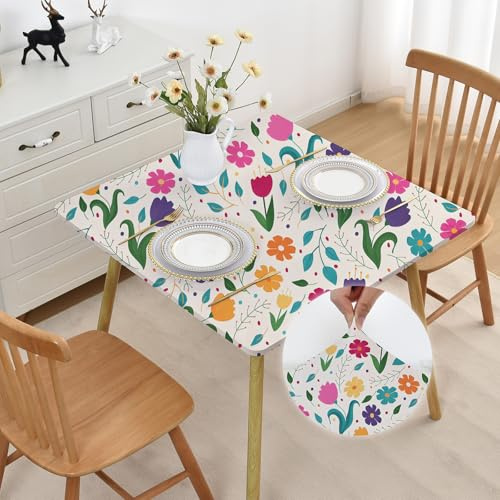 Spring Summer Fitted Square Tablecloth 42x42 Inch Outdoor Elastic Folding Card Table Cover Washable Non Slip Spandex Fabric Table Cloth Wrinkle Free for Camping Protector Decor with Tulip Floral