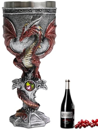 ZONSUSE Mittelalter Drache Kelch, Gotischer Drachen Kelch, Flugsaurier Edelstahl Weinkelch, Roter Drache auf Kreuzsockel, Magischer Dragon Goblet,Idee Geschenk für Fantasy Fans 200ml (Rot Goblet)