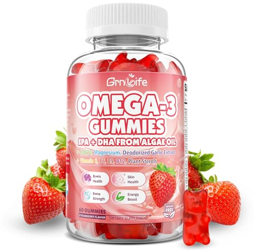 Vegan Omega 3 Gummies 1000mg + CoQ10 + Magnesium - w/Algae EPA 600mg & DHA 400mg, Fish Oil Omega-3 Supplements Alternative for Adults, for Brain, Eye, Immune Health, Strawberry Flavor, 60 Count
