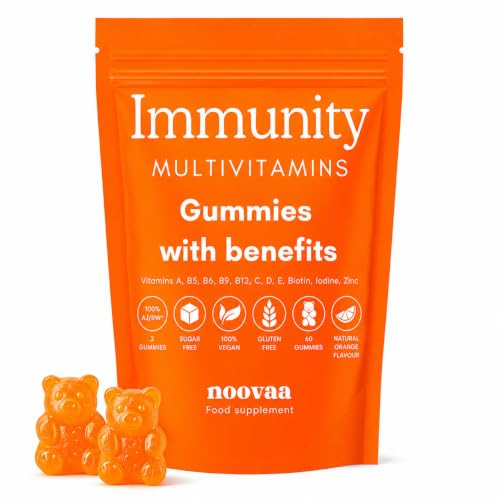 Multivitamines et Minéraux - 100% AJR - Vitamines A, B5, B6, B9, B12, C, D, E, Biotine, Iode et Zinc - Sans Sucres, Vegan, Sans Gluten - 60 gummies - Goût Orange Arôme Naturel