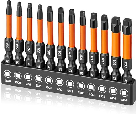 12 Pcs Square Drive Bit, 2 inch /50 mm Long Robertson Square Drill Bit Set | 1/4 Inch Hex Shank Magnetic Square Head Screwdriver Bit Set for Impact Driver,S2 Steel,Size #0, 1, 2, 3, and #4