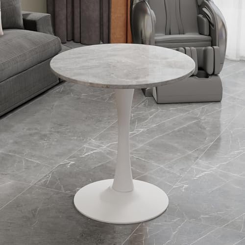 HaoChrymec Tavolino Rotondo in Marmo Artificiale, Piano con Venature Grigio Chiaro e Base a Colonna, Tavolo da Caffè Mid Century, Tavolo per Soggiorno e Zona Relax, Bianco e Grigio, 70x70x72cm