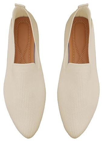Barfotaskor dam sommar, dam ballerina platta skor stickade fritidsskor slip-on promenadskor, träningsskor, ventilerande tofflor, vävda sommarskor, mjuka skor med spets, Beige, 37 EU