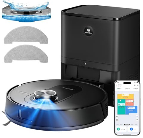 Proscenic Robot Aspirateur Laveur,8000Pa 200Mins Aspirateur Robot avec Serpillière et Vidage Automatique Station,Navigation Lidar,Cartographie,Évitement d'obstacles,pour Poils Animaux Tapis Sols Durs