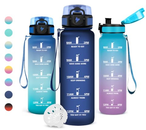 JAPORIA Trinkflasche 1L, Wasserflasche mit Filter, Trinkflasche Kohlensäure Geeignet, Sportflasche mit Zeitmarkierung, BPA-Frei, Sportflasche Auslaufsicher, für Fitness, Camping, Büro