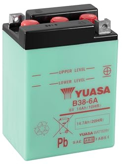 YUASA BATTERIE B38-6A offen ohne Saeure | Trockenbatterie, Maße 119 × 83 × 161 mm, 0,62 l Säurevolumen, Pluspol vorne rechts, Minuspol hinten links, Anschluss vorne