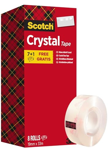 Scotch Crystal Ruban Adhésif Transparent , Multi-Pack, 8 Rouleaux, 19mm x 33 m - Ruban Adhésif Transparent à Usage Général pour l'Ecole, la Maison et le Bureau