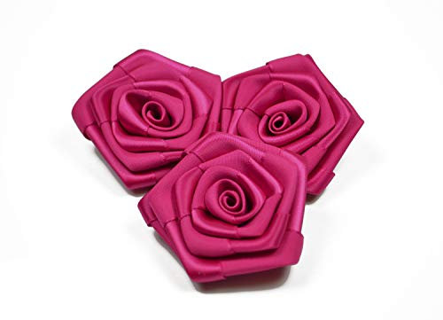 3 pezzi. Roselline in raso, da 6 cm, fucsia // Rose in raso, per decorazioni fai da te/lavori artigianali, per la tavola, da spargere, adatte a matrimoni, battesimi, comunioni, per applicazioni floreali