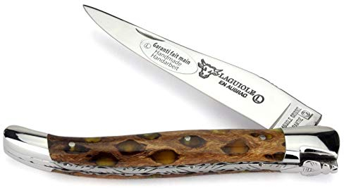 Laguiole en Aubrac - 12 cm Taschenmesser - Griff Cholla Kaktus - Platine guillochiert - Klinge und Backen glänzend - Messer Frankreich
