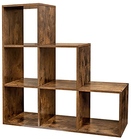 VASAGLE Bücherregal, Treppenregal, Trennwand, Aufbewahrungsmöbel, 6 Fächer, für Büro, Wohnzimmer, Schlafzimmer, rustikales Braun LBC63BX