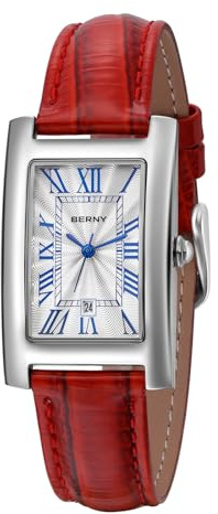 BERNY Damen Armbanduhren Klassisch Rechteckig Quarzuhr für Damen Wasserdicht Weiches Lederband Uhr,Rot