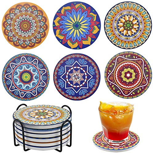 Jinlaili 6-Piece Drink Coasters Set, Absorbent Ceramic Coasters with Holder, Mandala Design, Non-Slip Cork Back for Home, Restaurant, Office