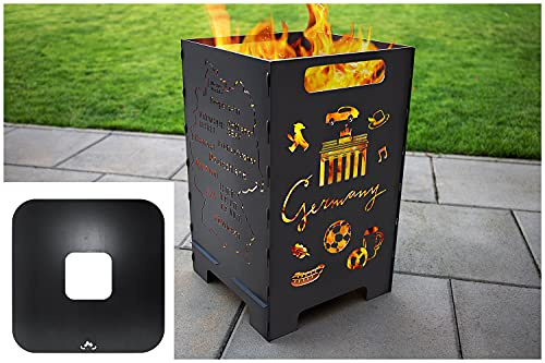 teileplus24 FT03 Feuertonne + Feuerplatte | Komplettset | Feuerkorb + Grillplatte | Groß Eckig, Design:Deutschland & Grillplatte