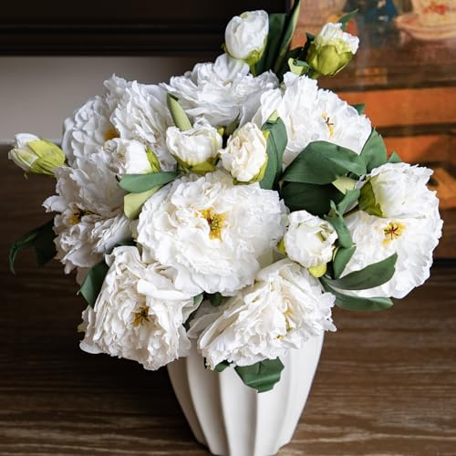 DUYONE Künstliche Pfingstrosen aus Seide, Vintage-Stil, großer langer Stiel, Pflanzen für Dekoration, Heimdekoration, Wohnzimmer, künstliche Blumen (Weiß, 4 Stück)