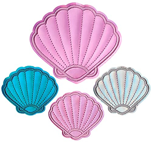 Locomo Seashell schillernder Aufnäher zum Aufbügeln von Meerjungfrauen-Muscheln, holografisch bestickt, niedliches buntes Motiv, Jacke, T-Shirt, Rucksack, Tasche, Hutkappe
