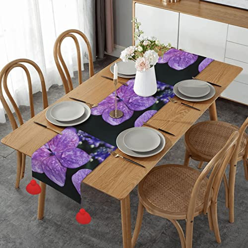 Hydrangea Flower Double Layer Faux Jute Table Runner, Kitchen Placemat with Tassel for Parties, Dresser Decor and Dining Room Decor, 14 X 60 Inch