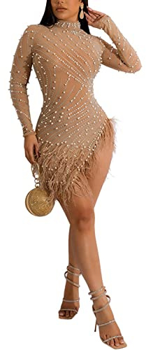 Vestido de Fiesta de Perforación en Caliente Sexy para Mujer Vestido de Manga Larga con Dobladillo de Plumas Irregulares Mini Vestido Ajustado Transparente,Apricot,S
