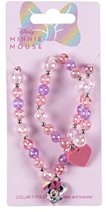 Pack de Bisutería de Minnie Mouse - Color Rosa - Ideales para Decorar los Outfits - Dos Piezas - Collar y Pulsera con Perlas de Colores - Producto Original Diseñado en España