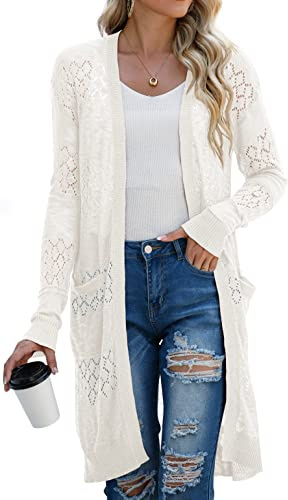 GRECERELLE Vestido de playa de verano para mujer, cárdigan de baño casual, manga larga, holgado, kimono de bikini largo para vacaciones para damas, blanco, S