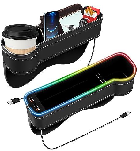 2 Stück Multifunktionale Aufbewahrungsbox für Autositze mit Getränkehalter, 2 USB-Anschluss, LED Licht Autositz Lückenfüller, Auto Becherhalter Einsatz, Auto Organizer Vorne Mittelkonsole