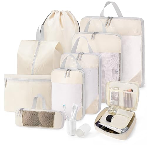 Koffer Organizer Kompression 10-teiliges Set Packing Cubes Compression Packwürfel Kompression Kofferorganizer Packtaschen Reise Gadgets Travel Essentials (Beige)