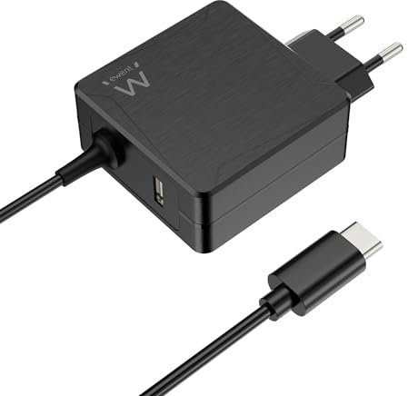 Ewent 65W Cargador Portatil de Pared USB C para Lenovo,HP,Macbook Pro/Air,Huawei,Acer,ASUS,DELL,Xiaomi, Samsung,Cargador Ordenador Portátil Tipo C con Cable de 1,5 Metros;Toma USB-A Adicional;Negro