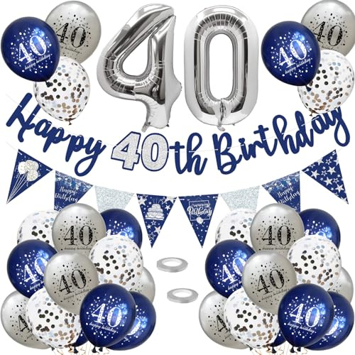 40 Geburtstag Deko, Luftballons 40 Geburtstag Dekoration Set, 40 Jahr Geburtstagdeko, Happy Birthday Girlande Konfetti Luftballons Nacht Blau Silber Deko,Frauen Mann 40 Geburtstag Party Deko Supplies