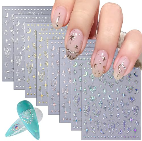 CHANGAR Mond Stern Nagelaufkleber - 8 Blätter Laser Gold Silber Boho Sonne Mond Herz Nail Art Designs für Frauen