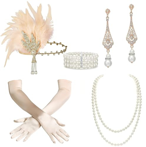 BABEYOND Accessoires des années 1920-1920 pour femme – Accessoires Gatsby le Magnifique : bandeau, serre-tête, collier de perles, gants pour femme
