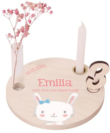 LAUBLUST Personalisierter Geburtstagsteller aus Holz mit Kerzenhalter, Vase & Zahlen - Geburtstagsdeko mit Namen - Hase Motiv | Ø 16.5 cm, Natur - Geburtstagstisch - 1. Geburtstag Kinder Geschenk