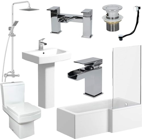 BAYSTONE Complete Bathroom Suite Package L Shaped Right Hand 1700mm Shower Bath 5mm Screen Basin Sink Floorstanding Pedestal Toilet Tap and Waste Set Modern