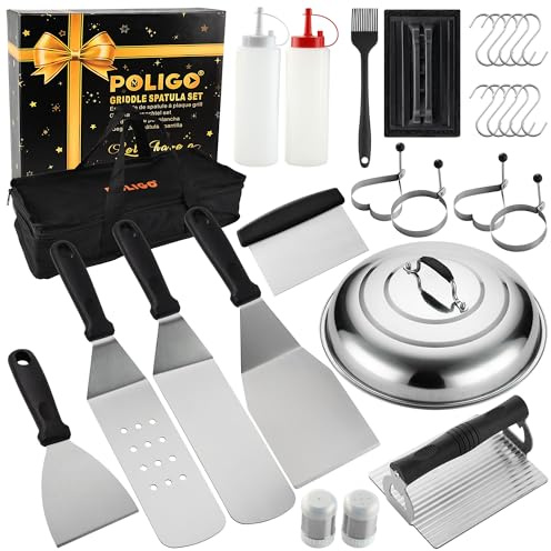 POLIGO 28PCS Griddle Accessories Kit, Flat Top Grill Accessories Set for Camp Chef, Grill Spatula Set with Enlarged Spatulas, Basting Cover, Scraper for Cooking Indoor or Outdoor Barbecue