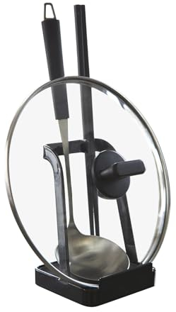 emperoch Pot Lid Holder, Cooking Spoon Rest, Pot Lid and Cooking Spoon Stand Metal Pot Lid Rack for Kitchen Cooking Tools Black