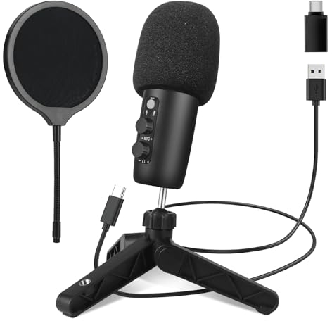 ChicSolis USB Mikrofon RGB Kondensatormikrofon Plug-Play: Gaming Mikrofon für PC Computer Android - Mit 3,5-mm-Kopfhöreranschluss,Drehregler zum Einstellen der Lautstärke