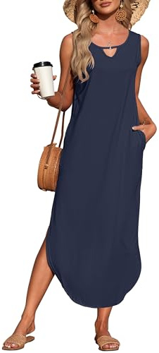 AUSELILU Women's Dress Sleeveless Midi Summer Split Cover Up Beach Maxi Vacation Sun Dresses with Pockets Navy Blue L