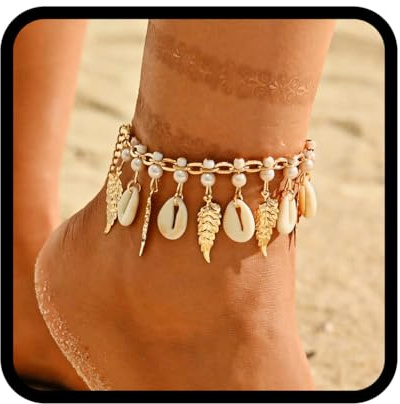 Zoestar Boho-Muschel-Fußkettchen, Blattgold-Knöchelarmbänder, Perlen-Strand-Fußkette für Damen