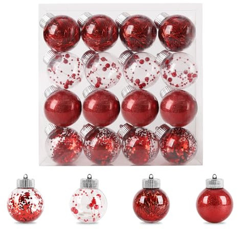 Rote Weihnachtskugeln, ilauke 16 Stück Plastik Christbaumkugeln Set, 6cm Bruchsicher Weihnachtskugeln Transparent, Weihnachtsbaumschmuck für Weihnachten, Urlaub, Hochzeit, Party, Zuhause, Festival